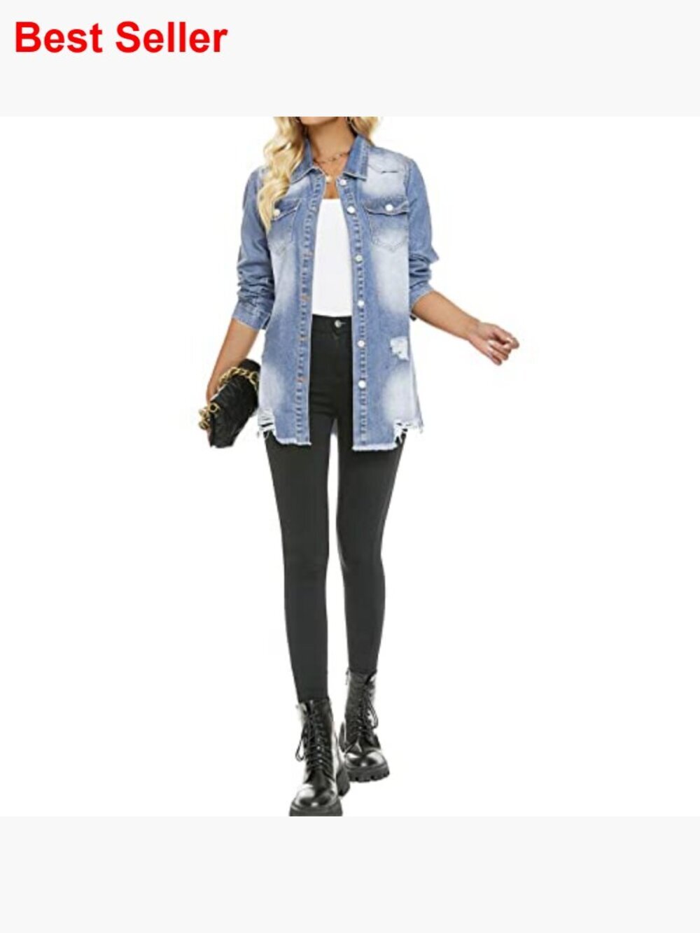 Distressed Denim Shirt Jacket Oversized Button Down Long Sleeve Jean Coat - Picture 5 of 7